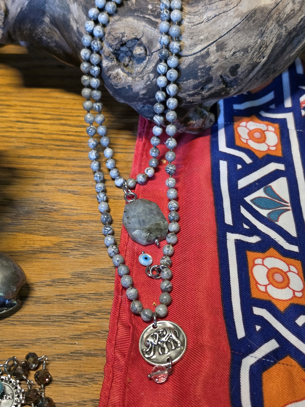 Beaded Labradorite "I Own My Peace" Necklace with Silver Charm - Gray